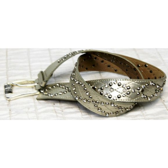 Michael Kors Silver Leather Belt Studded Rhinestones Medium Shiny Chic Fancy - Picture 2 of 11